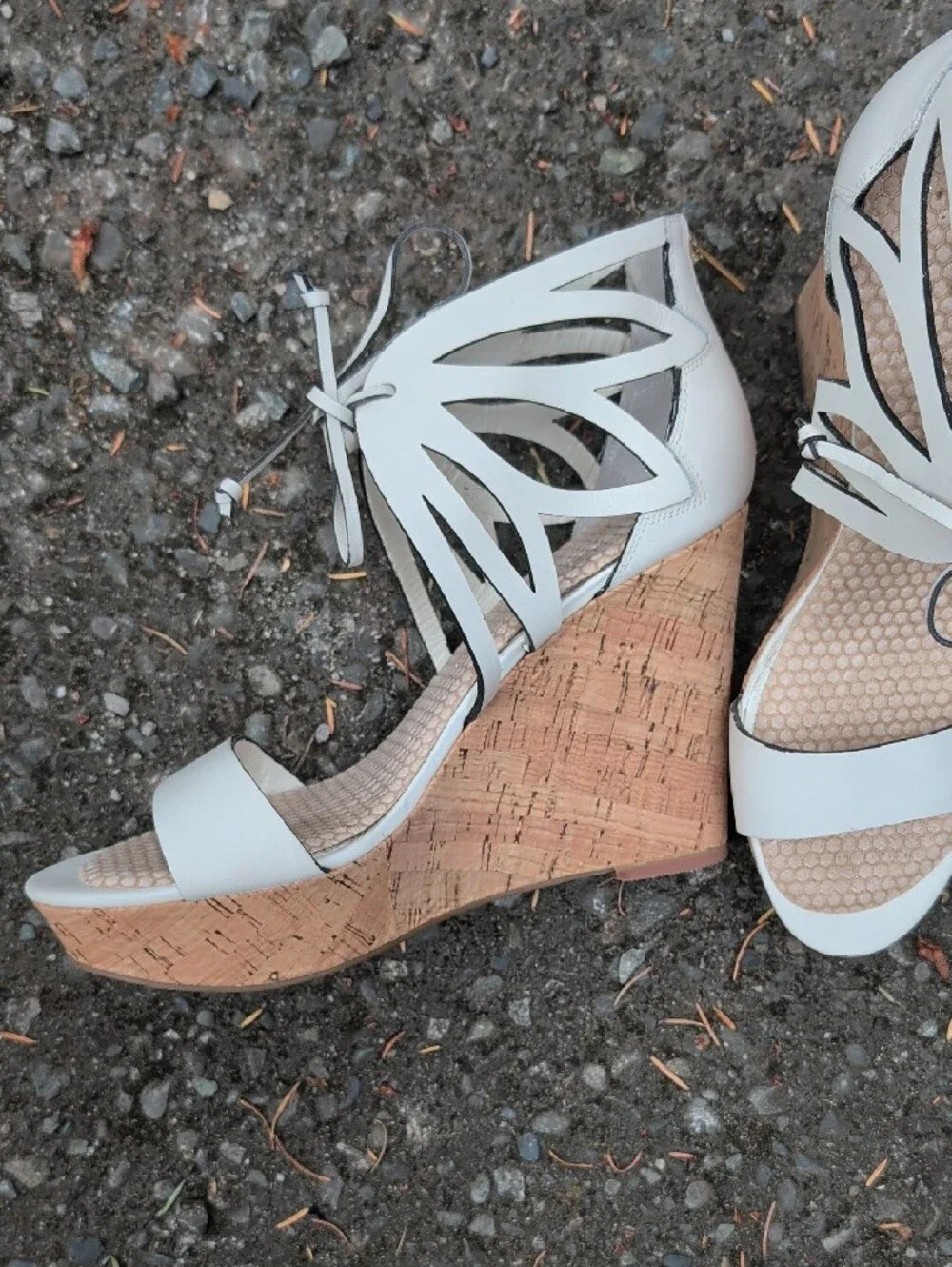 Ivanka Trump White Cutout Lace-Up Cork Wedge Sandals